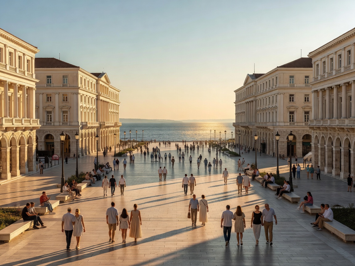Broad pedestrian view of Aristotelous Square opening onto the Thermaic Gulf