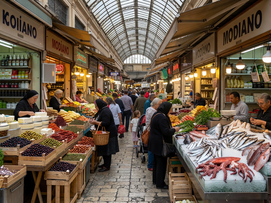 Bustling stalls of Kapani and Modiano public food markets in central Thessaloniki