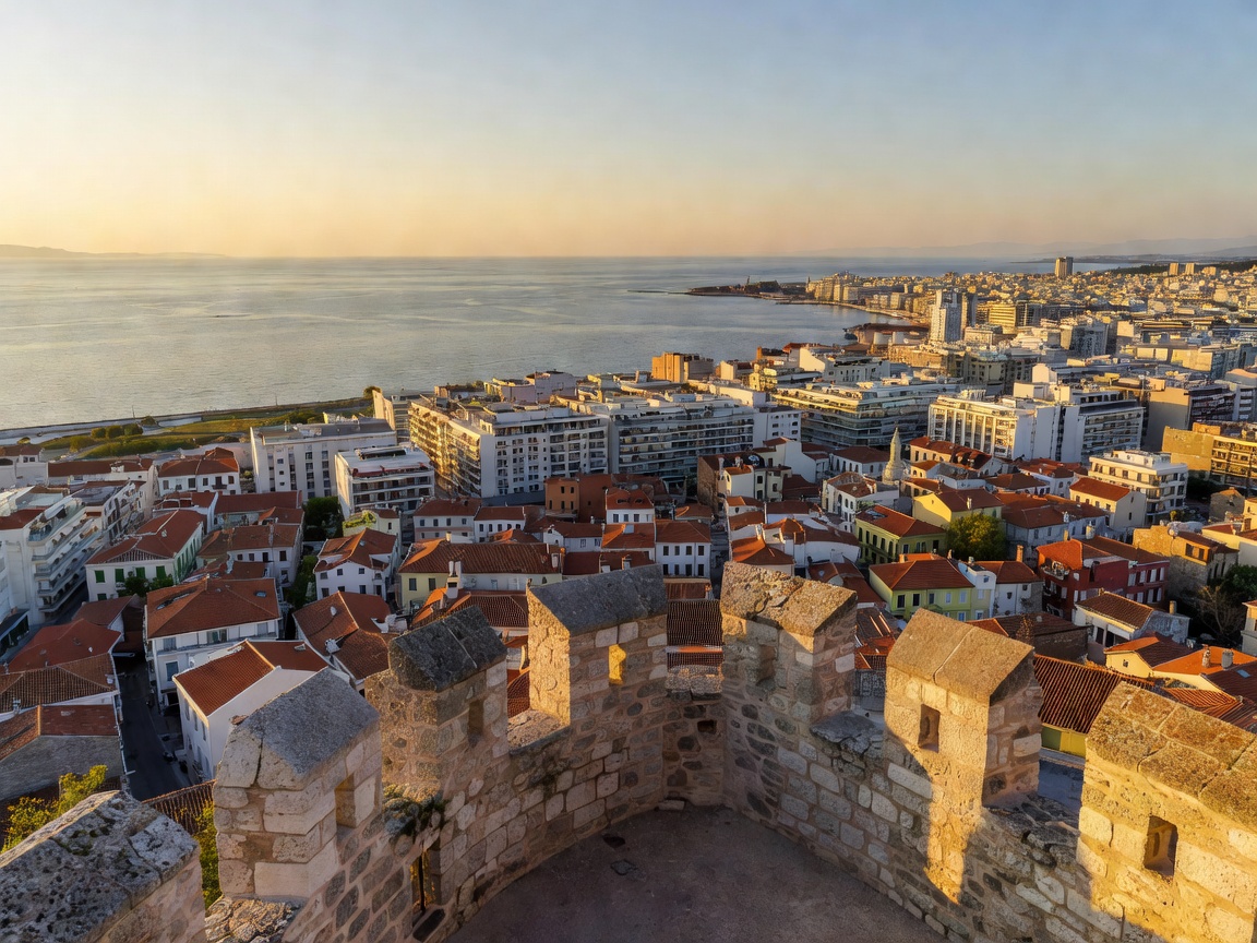 Looking down at the city of Thessaloniki and the sea from the Trigoniou Tower fortress
