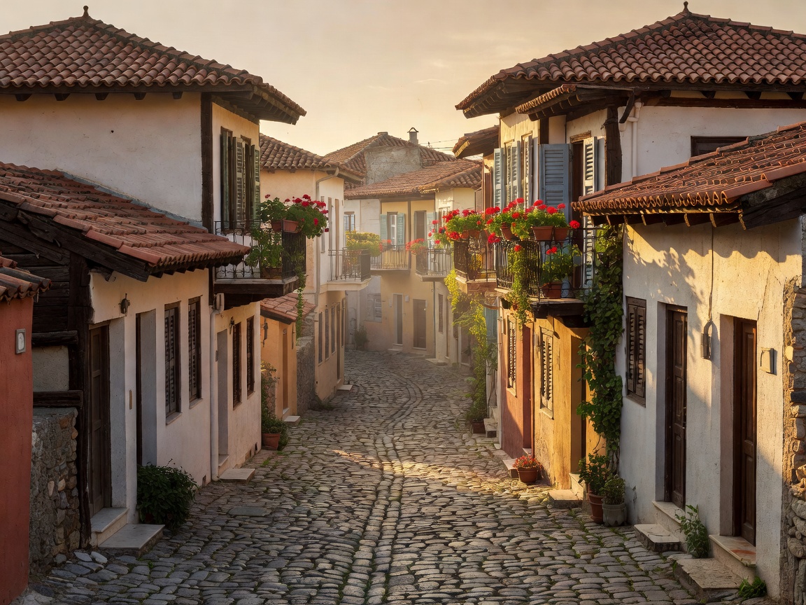 Narrow cobblestone alley and traditional Balkan architecture in Upper Town Ano Poli