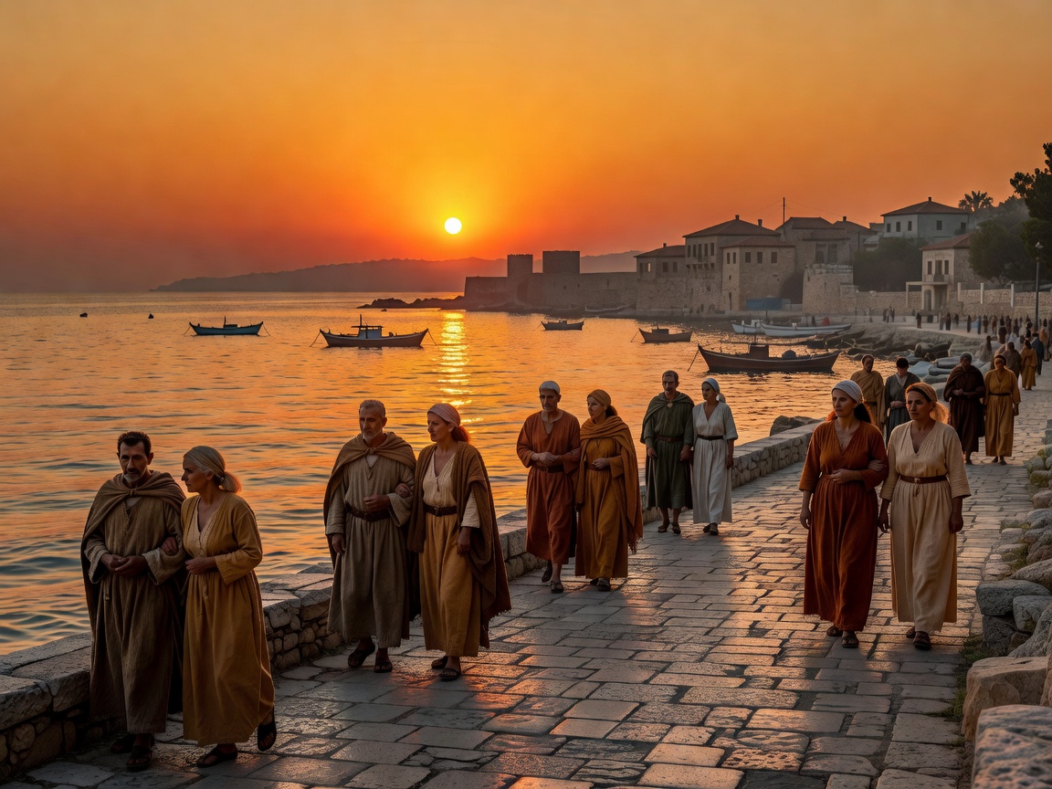 Sunset over the Thermaic Gulf with waterfront strollers in Thessaloniki