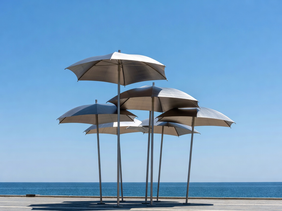 The Umbrellas contemporary public sculpture against an open sky in Thessaloniki