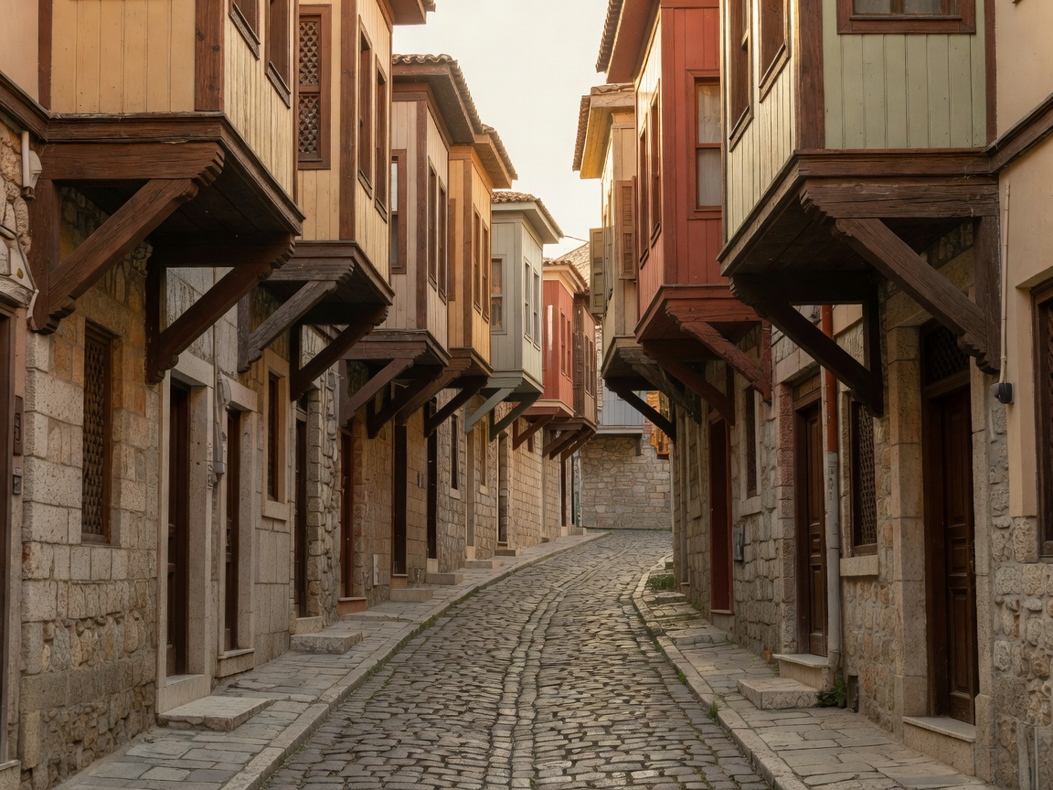 Traditional Ottoman overhang buildings on a steep cobblestone alley in Ano Poli