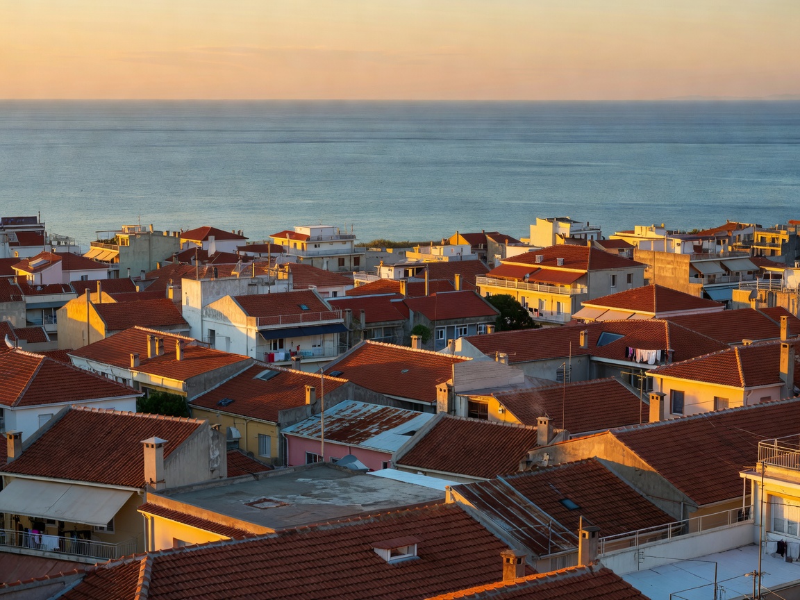Wide vista overlooking the rooftops of Thessaloniki with the sea horizon in the distance
